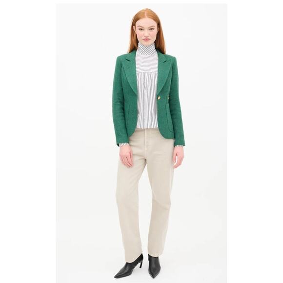 SMYTHE Sz 10 Green Duchess Wool Elbow Patch Suede Trim Jacket Blazer - Picture 12 of 13